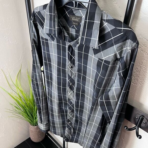 Zara Man plaid button down shirt Navy Grey slim fit size XL - Picture 8 of 16